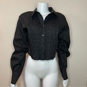 Black elegant long sleeve rhinestone embellished cropped shirt